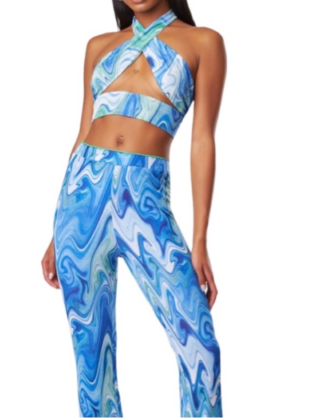The Kript Liquid Mesh Wrap Top & Flare Pants